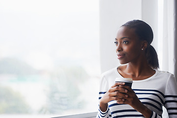 Image showing Woman, coffee and thinking by window in new house with confidence for real estate investment and mortgage. African homeowner, person and thoughtful with future home ideas or relocation in living room