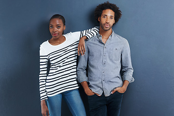 Image showing Fashion, portrait and cool black couple in studio with love and support on gray background together with pride. African, people and casual clothes or confident in style on date with wall mockup space