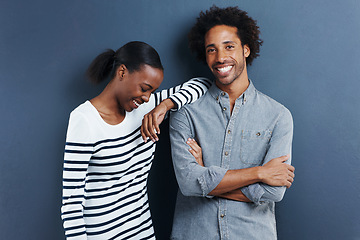 Image showing Fashion, portrait and happy black couple in studio with love and support on gray background together with happiness. African, people and casual clothes or style on date with wall mockup space