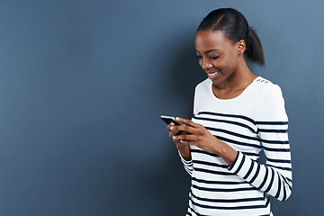 Image showing Phone, app or happy black woman on studio mockup for social media, research or web communication on grey background. Smartphone, search or model with google it, sign up or Netflix and chill download