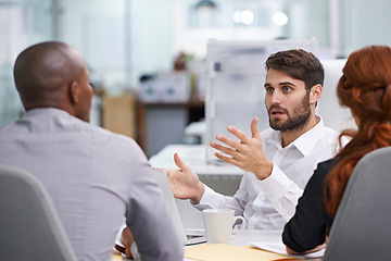 Image showing Business people, meeting or conversation with brainstorming, teamwork or discussion for project launch. PR agency, manager or consultant with staff or employees with ideas or cooperation with startup