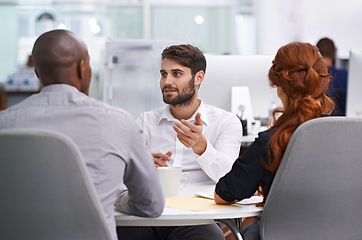 Image showing Business people, boardroom and meeting with brainstorming or teamwork or project planning, problem solving or collaboration. Men, women and financial document or investment sales, deal or partnership