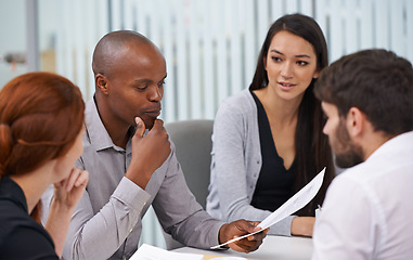 Image showing Business people, boardroom and meeting with paperwork for teamwork or project planning, problem solving or collaboration. Men, women and financial document for investment sales, deal or partnership