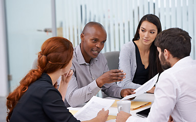 Image showing Business people, boardroom and meeting with paperwork for collaboration or project planning, problem solving or report. Men, women and financial document for investment sales, deal or partnership