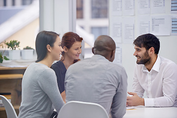 Image showing Business people, meeting and conversation with brainstorming, review and partnership for a project. PR agency, manager and consultant with smile and employees with feedback and teamwork with startup