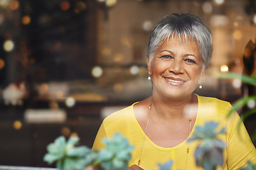 Image showing Senior woman, smile and portrait in cafe with plant for calm, style and relax for retired and elderly in Amsterdam. Happy person or pensioner and sit in coffee shop for customer and unwind on mockup