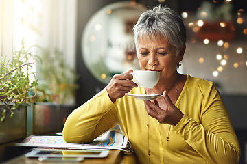 Image showing Senior woman, tea and smile in cafe for relax, style and free time for fashion, retired and elderly in outdoor. African person and pensioner with cup for unwind, hairstyle and happy on mockup