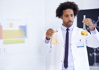 Image showing Scientist, man and beaker with chemical for study, medical research and pharmaceutical solution in laboratory. Science, african professional and test sample for expert clinical investigation at work