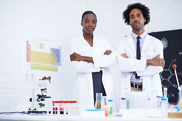 Image showing Scientist, coat and portrait in lab for teamwork, chemistry and experiment with molecule, cylinder and microscope. Young people or colleague with medical research, biology or test for pathology