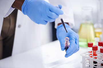 Image showing Hands, pipette and test tube for blood in laboratory, biological sample and biochemistry for pathology. Closeup, vial and DNA research for healthcare, RNA and process for medical innovation study