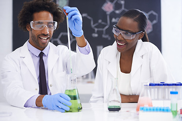 Image showing Science, test tube and scientist people in lab for clinical research, study or chemical reaction experiment. Medical, vial and healthcare expert team with medicine, examination or pharma assessment