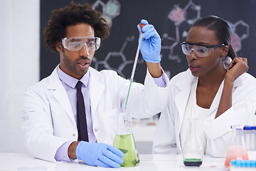 Image showing Scientist, team and chemical in beaker for science experiment with medical research in laboratory. Chemistry, pharmacy and healthcare innovation with vaccine testing, black people and liquid solution