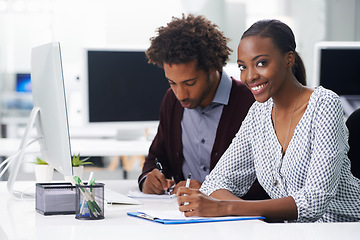 Image showing Collaboration, documents and business black people in office together for planning or budget. Contract, meeting or teamwork with young woman and male employee in workplace for agenda or review