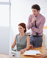 Image showing Business people, teamwork and training on computer for support, advice or planning with copywriting or project. Professional editor, leader or man and woman reading or thinking of report or editing