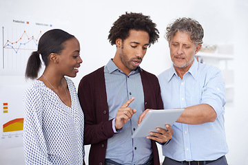 Image showing Coworkers, team and tablet in office for engineer with technology and internet for online, research or startup for business. Diverse, group and point with tech indoor for info and discuss together