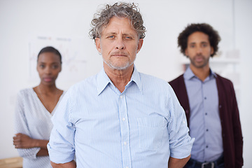 Image showing Man, coworker and portrait in office with colleagues for collaboration, research and career for organisation, agency or company. Diverse team or engineer with mentor for meeting and teamwork indoor