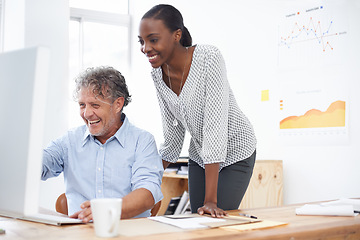 Image showing Intern, mentor or employer in office with computer for internet, jokes and guide online in morning or indoor. Coworker, tech and desk with coffee and laugh for research, collaboration or career