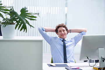 Image showing Man, office and relax portrait with computer, happy and confident corporate male person sitting and workspace desk. Technology, digital search administrator or smile, browse internet on business pc