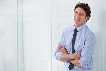 Image showing Businessman, smile and portrait with office, confidence and happiness for job or career. Employee, workplace and corporate agency for accounting, working and trendy for positive workspace or cool
