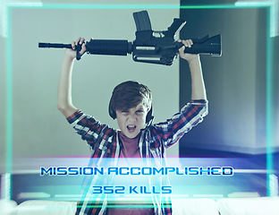 Image showing Happy, kid and playing with gun in game or winner of esports competition with overlay of mission success. Gaming, graphic or child gamer in celebration of winning contest or achievement of challenge