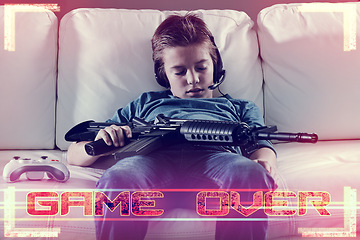 Image showing Tired, kid and gaming in home at night with overlay of video game in competition with virtual gun, skill or violence. Esports, graphic or child sleep after playing in battle with electronics weapon