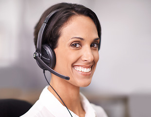 Image showing Happy woman, consultant and face with headphones at call center for customer service or support at office. Female person, agent or employee with smile for online advice or consulting at workplace