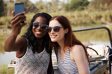 Image showing Women, selfie or holiday on road trip in countryside, memory or travel adventure for social media in nature. Ladies, internet and profile picture as friends on vacation and bonding together on farm