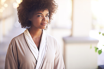 Image showing Spa, woman and portrait with skincare in a bathrobe for wellness, cosmetics and beauty treatment. Health, relax and resort with an African female person ready for dermatology at a hotel bathroom