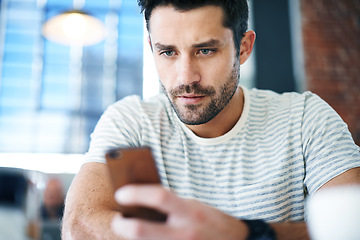 Image showing Man, smartphone and scroll on social media, reading on mobile app or ebook with communication and contact. Chat, email or text message with technology, search internet and online connectivity