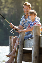 Image showing Lake, fishing or pole by father and son portrait in nature bonding, vacation or travel adventure. Fishing, love and kid with dad at river for learning, teaching or sustainable living while camping