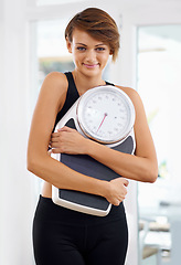 Image showing Fitness, portrait or happy woman in home with scale for body training or gym workout to lose weight. Wellness, monitor or confident female sports athlete in health club for exercise progress results