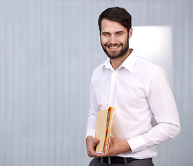 Image showing Files, paperwork and portrait of businessman with confidence for job application, document and work. Mockup, male person and smile with happiness for professional career, folder and recruitment