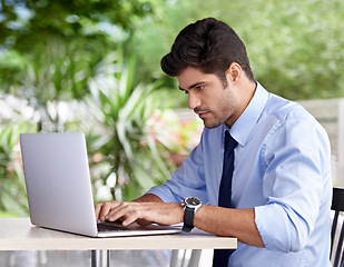 Image showing Laptop, typing and businessman in outside cafe, online and work on computer. Keyboard, internet and technology for email for professional male person, freelancer and remote work on website project