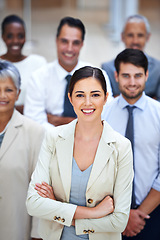 Image showing Portrait, leadership and group of business people with woman manager, confidence and solidarity at startup. Community, professional men and women together in office with teamwork, pride and trust