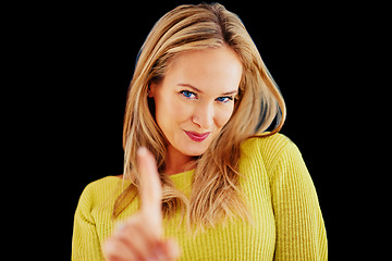 Image showing Woman, portrait and studio with hand for number one, symbol and gesture for top choice or decision. Female person, finger and sign for winning or success, victory and champion or vote for product.