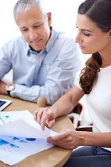 Image showing Meeting, man and woman in office with documents for sales review, growth or development online. Planning, strategy and business people at desk with stats for data analysis, feedback or profit report