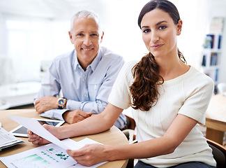 Image showing Portrait, businessman and woman with paperwork, tablet and sales review for growth, development and stats. Planning, strategy and business people at desk for data analysis, feedback or profit report