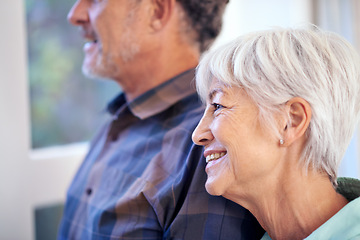 Image showing Old couple, smile and thinking with memory or reflection on life together, bonding with love and nostalgia at home. Happy people, retirement and pension, remember choice or decision with mindfulness