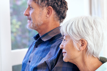 Image showing Old couple, relax with thinking or reflection on life together, memory and nostalgia with peace and calm at home. Mindfulness, love and people with commitment in marriage, remember and retirement