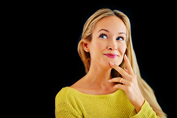 Image showing Dark background, smile and woman with plan, thinking and idea for story of fantasy for author in studio. Adult, girl and female person daydreaming of inspiration in mind, contemplating and happy