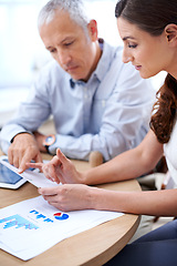 Image showing Documents, man and woman in office with tablet for sales review, growth or development online. Planning, strategy and business people at desk with stats for data analysis, feedback or profit report