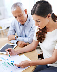 Image showing Meeting, man and woman with paperwork for data analysis, sales review or development with tablet. Planning, strategy and business people with stats, charts and graphs for increase on profit report