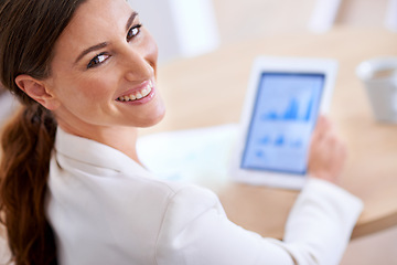 Image showing Portrait, charts and tablet of businesswoman, smile and technology with data. Statistics, graphs and planning or financial report, female fintech advisor and professional employee in corporate
