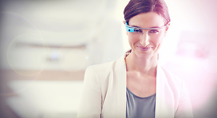 Image showing Woman, portrait and futuristic with smart glasses technology for digital communication, biometrics or corporate. Female person, virtual reality and business innovation or cyber, metaverse or online