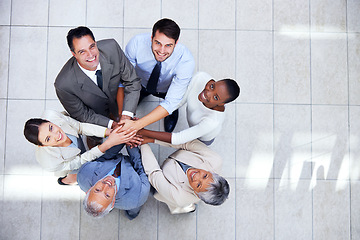 Image showing Business people, portrait and huddle for hands in stack, community and support or unity. Colleagues, team and agreement in collaboration or alliance in workplace, solidarity and cooperation in agency