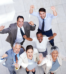 Image showing Business people, portrait and celebration in office, achievement and support or unity. Colleagues, diversity and collaboration for company win, solidarity and cooperation for partnership success