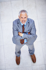 Image showing High angle, portrait and happy man with arms crossed in business or office with confidence and pride. Professional, entrepreneur and above person in lobby excited for morning in London at workplace