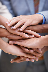 Image showing Teamwork, support and hands of business people with solidarity, collaboration and partnership trust closeup. Team building, community and employees with diversity, commitment and goal motivation