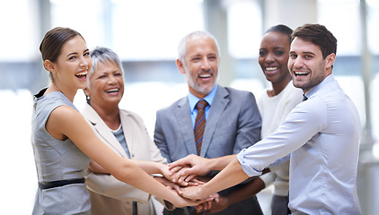 Image showing Portrait, smile or business people with hands in stack for mission goals, collaboration or teamwork. Team building, laughing or happy employees in meeting with support, solidarity or group motivation