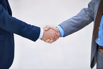 Image showing Closeup, business people and shaking hands for deal, collaboration and b2b partnership agreement for consultant. Welcome, introduction and handshake for greeting, meeting and thank you in office